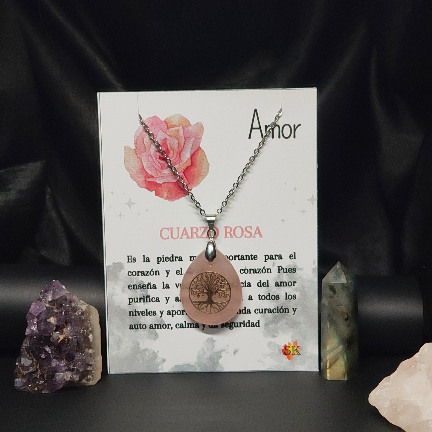 002 Collar Cuarzo Rosa y Arbol de la vida